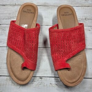 Earth Origins Pearl Slide Sandals Wedge Women 8.5M Red Suede Perforated Toe Loop